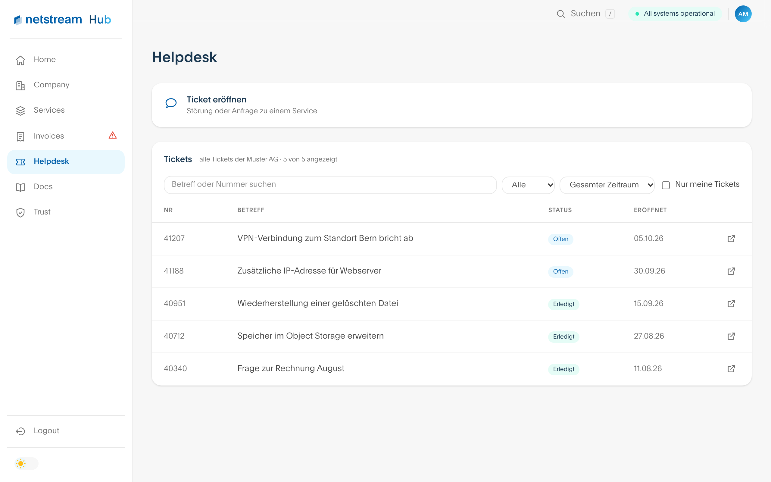 Seite Helpdesk mit Ticketliste