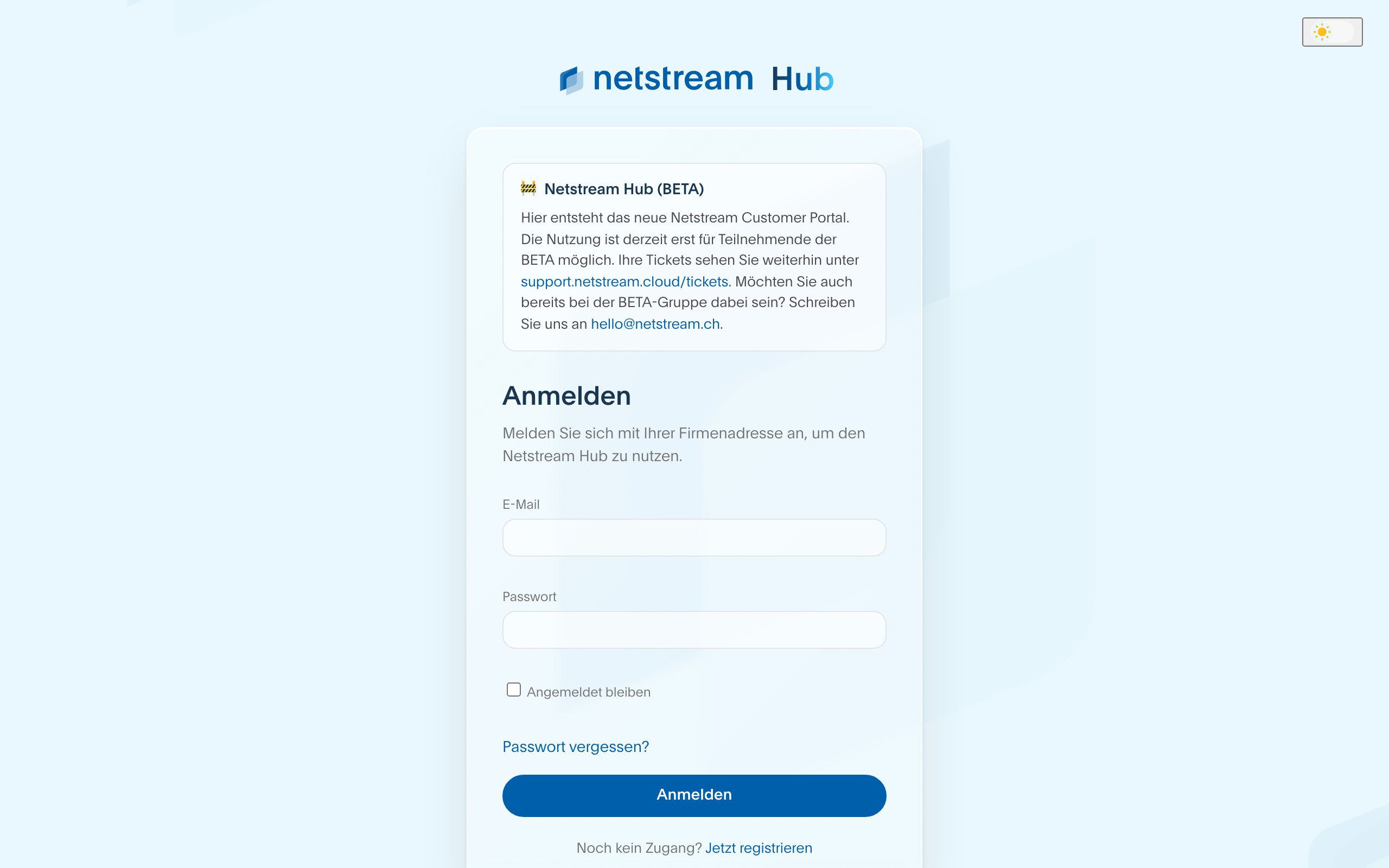 Anmeldeseite des Netstream Hub